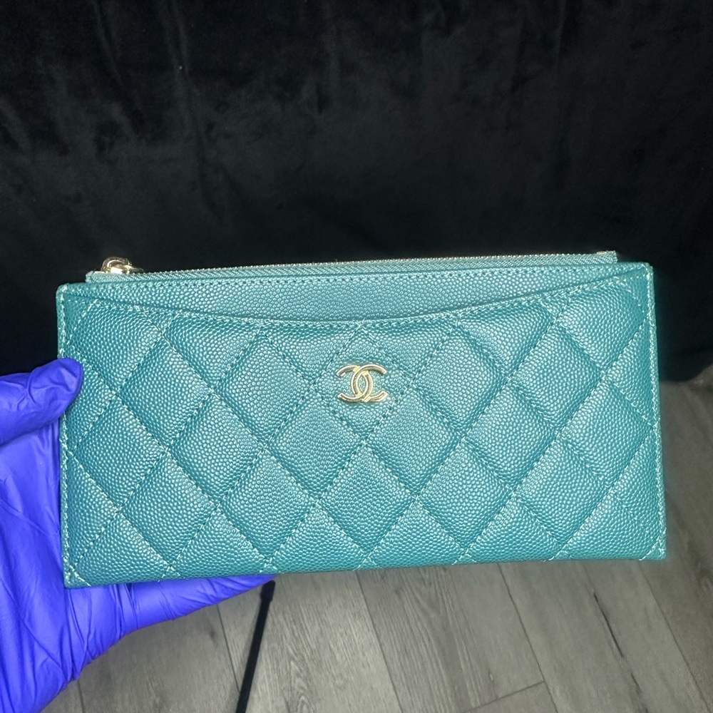 Vintage CHANEL Blue Quilted Wallet with Metallic Accents